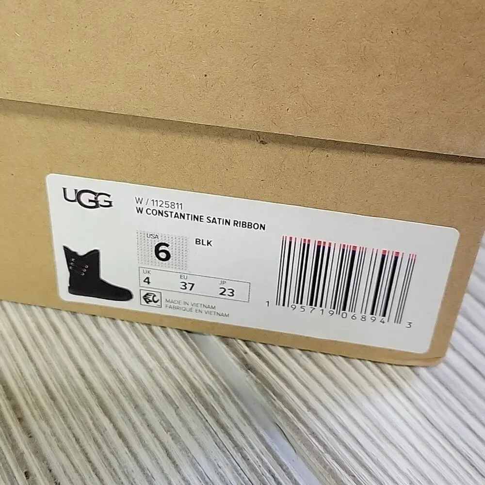 UGG Constantine Satin Ribbon Black Leather Boots Womens Size 6 NEW
